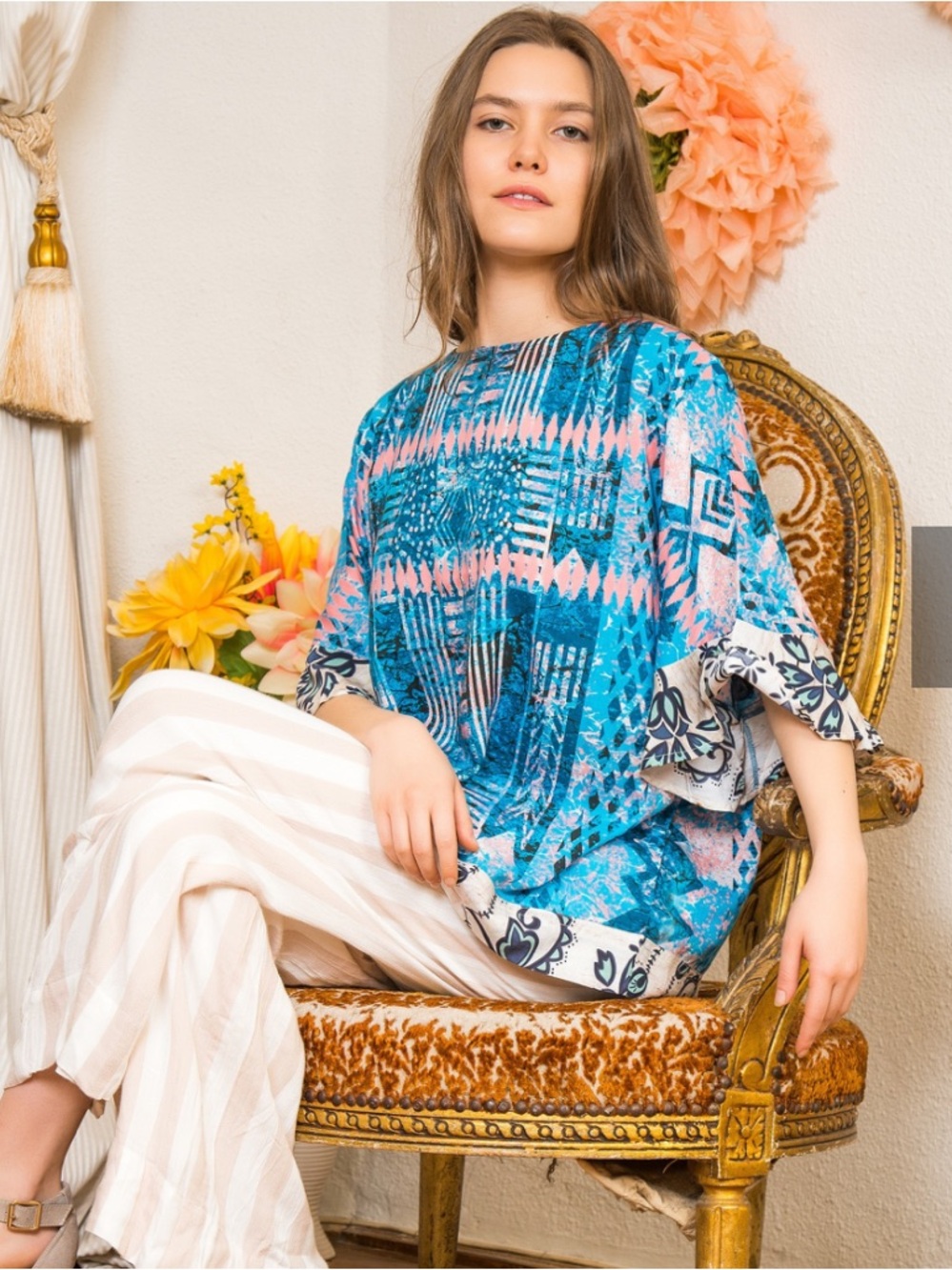 Tolani Collection Womens 3X 100% Modal Top Blouse Blue Ruffle Sleeves Boxy